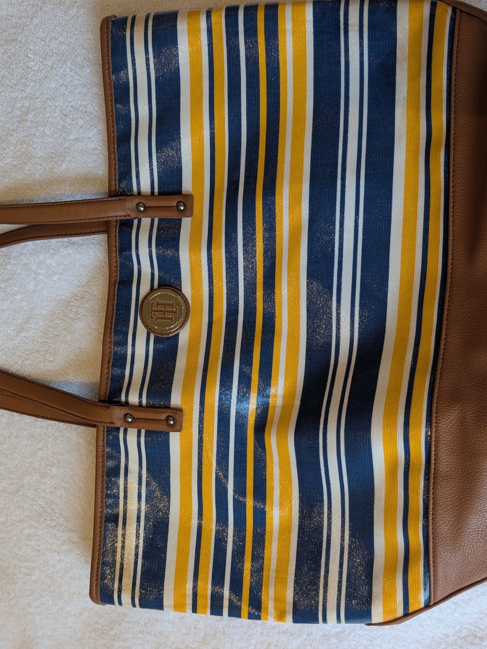 Tommy Hilfiger Striped Coated Canvas Large Tote Bag Coastal Prep Nautical Beach